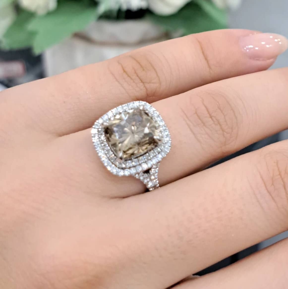 GIA Certified Natural 4.50 Ct Champagne & Round Diamond Double Halo Engagement Ring In Platinum