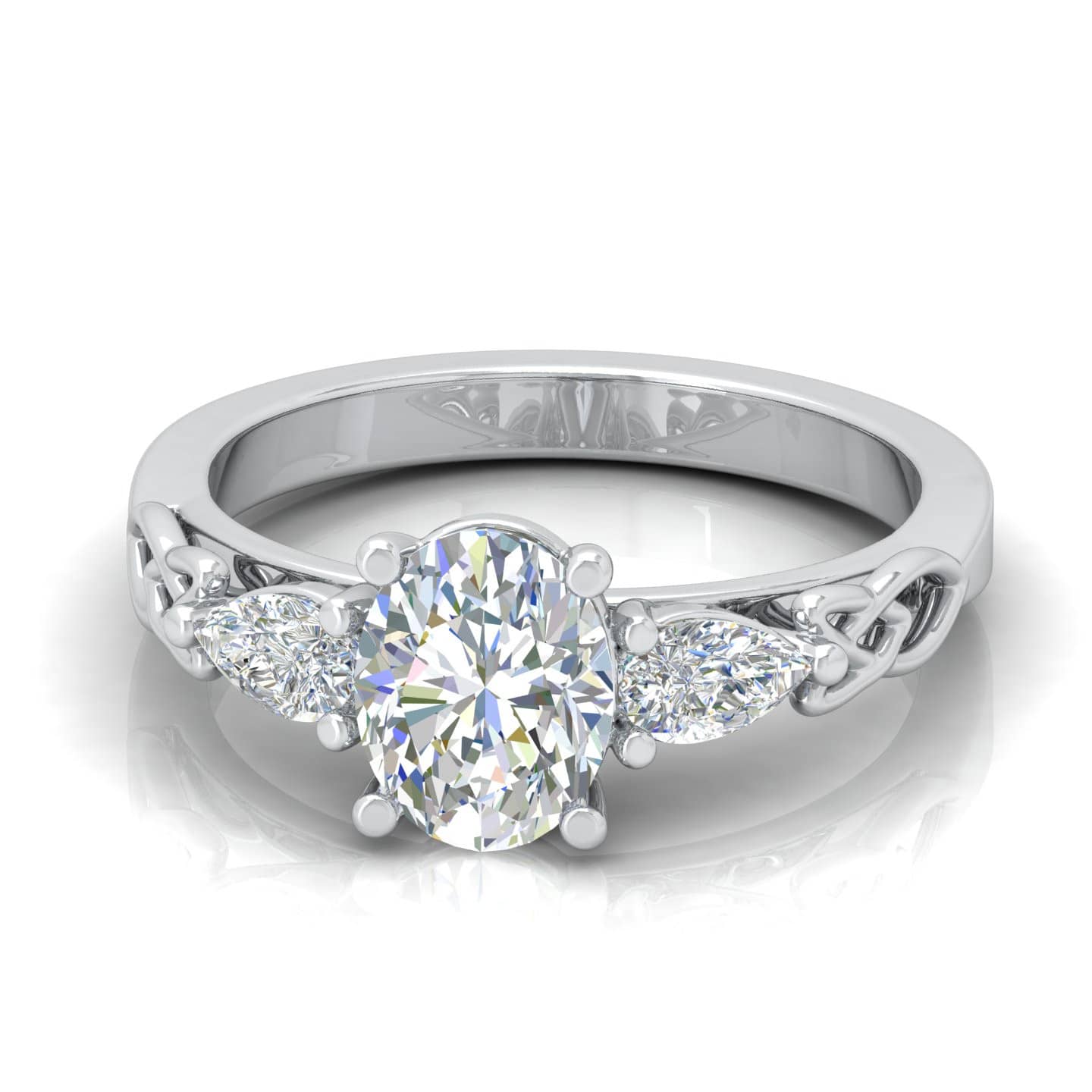 Oval And Side Pear Shape Diamond Three Stone Designer Engagement Ring