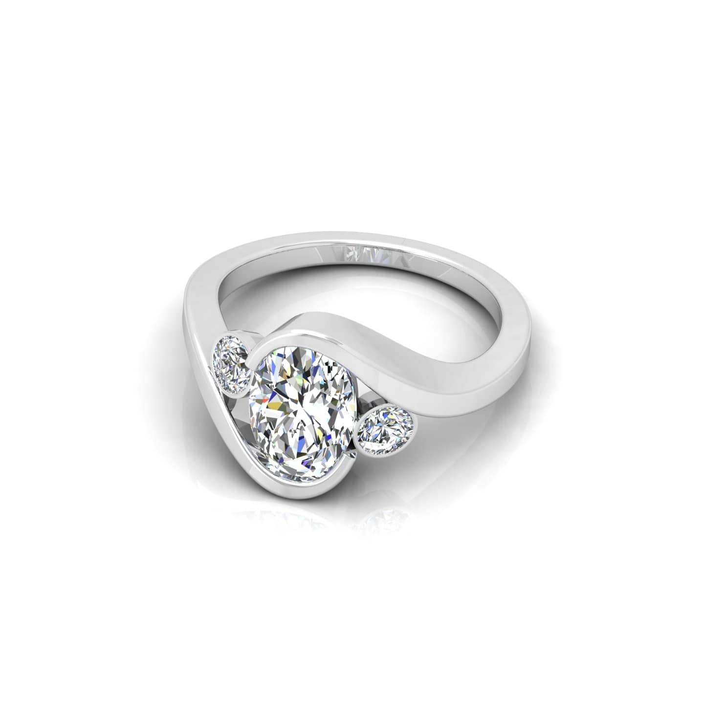 Oval Diamond Tension Set Three Stone Designer Engagement Ring