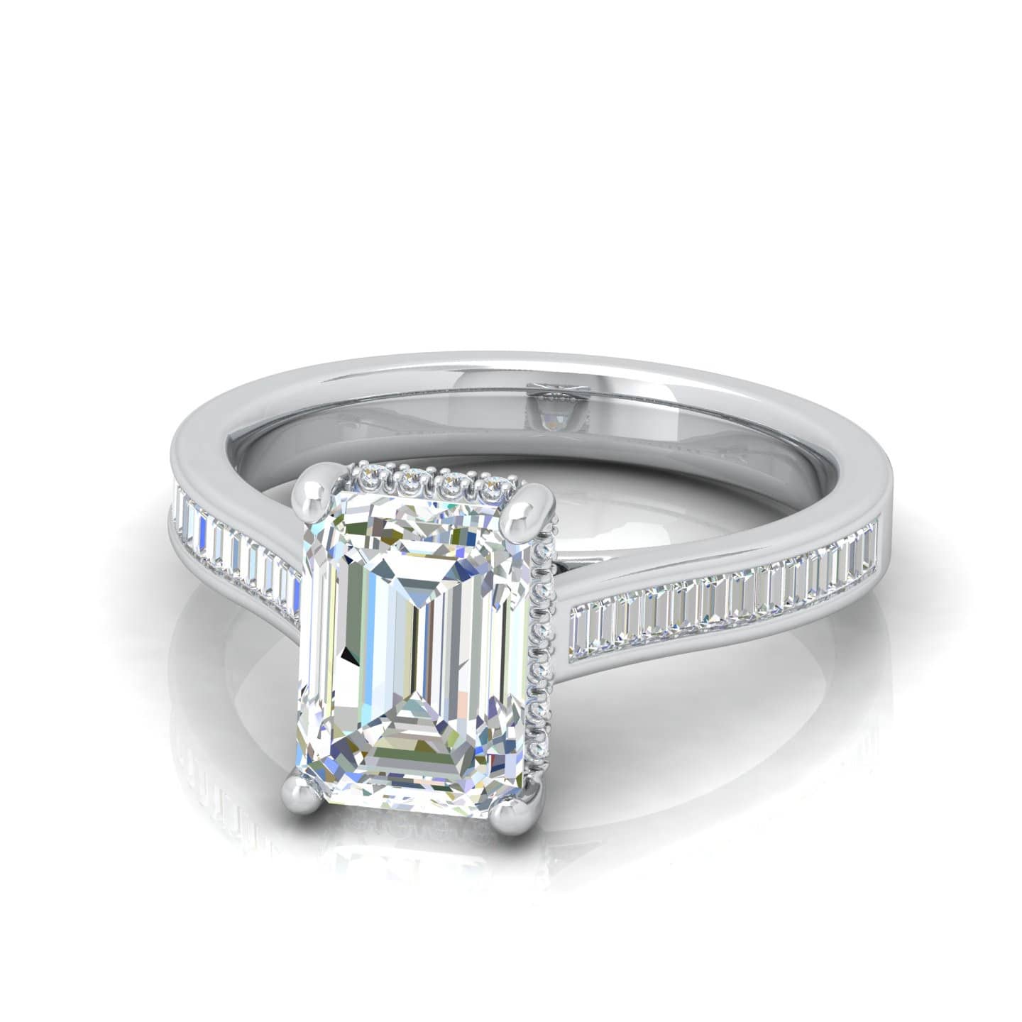 Emerald Cut Diamond Hidden Halo Channel Set Engagement Ring