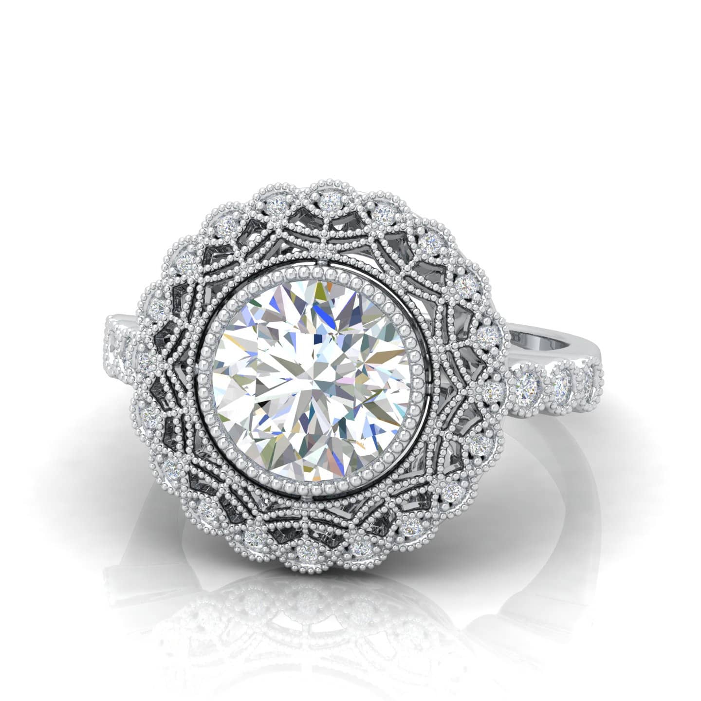 Classic Round Diamond Milgrain Set Vintage Engagement Ring