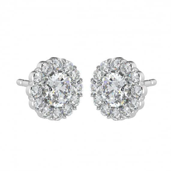 PRONG SET ROUND DIAMOND HALO EARRING IN 18K WHITE GOLD