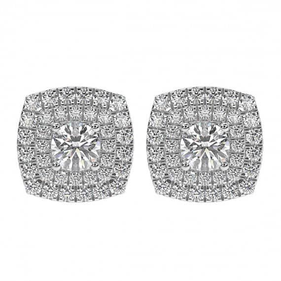 CUSHION SHAPED DESIGN DOUBLE HALO EARRING IN 18K WHITE GOLD
