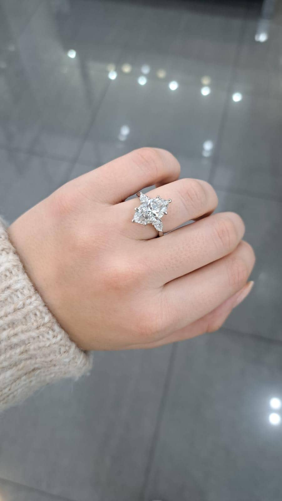 Claw Set Marquise And Heart Shape Three Stone Engagement Ring