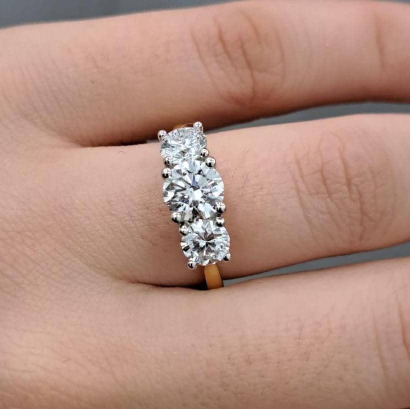 2.00 Ct Round Diamond Three Stone Engagement Ring In UK Hallmarked 18k Yellow Gold
