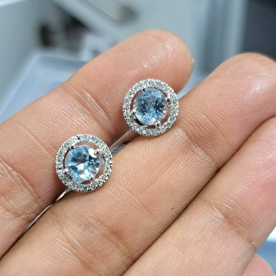2.50 CARAT AQUAMARINE AND ROUND DIAMOND HALO SET EARRINGS IN WHITE GOLD