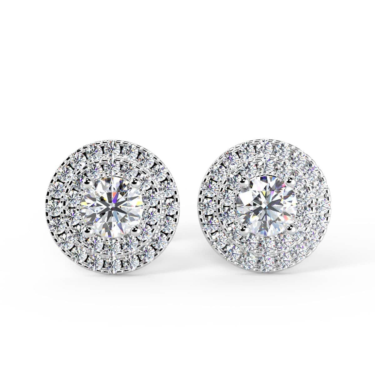 EXCEPTIONAL WHITE 0.60 CT ROUND DIAMOND DOUBLE HALO SET EARRINGS,18K GOLD