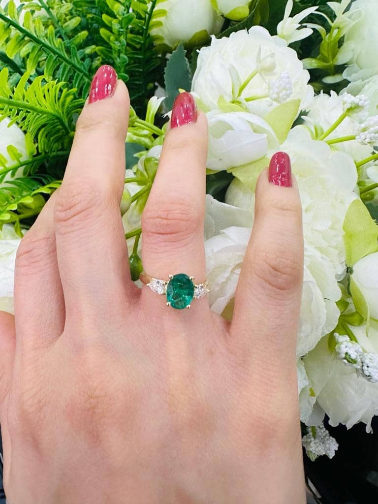Best Deal..! 3.00 Carat Green Oval With Side Pear Shape Diamond Trilogy Engagement Ring In 18K Yellow Gold