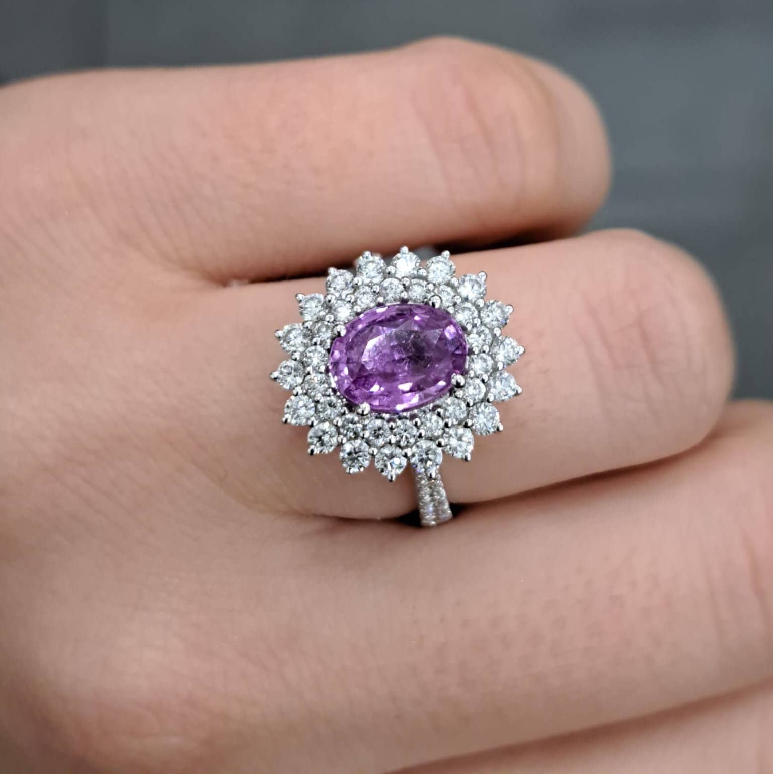 Best Quality..!! AAA 2.50 Carat Purple Pink Sapphire & Diamond Cluster Engagement Ring In 18k White Gold