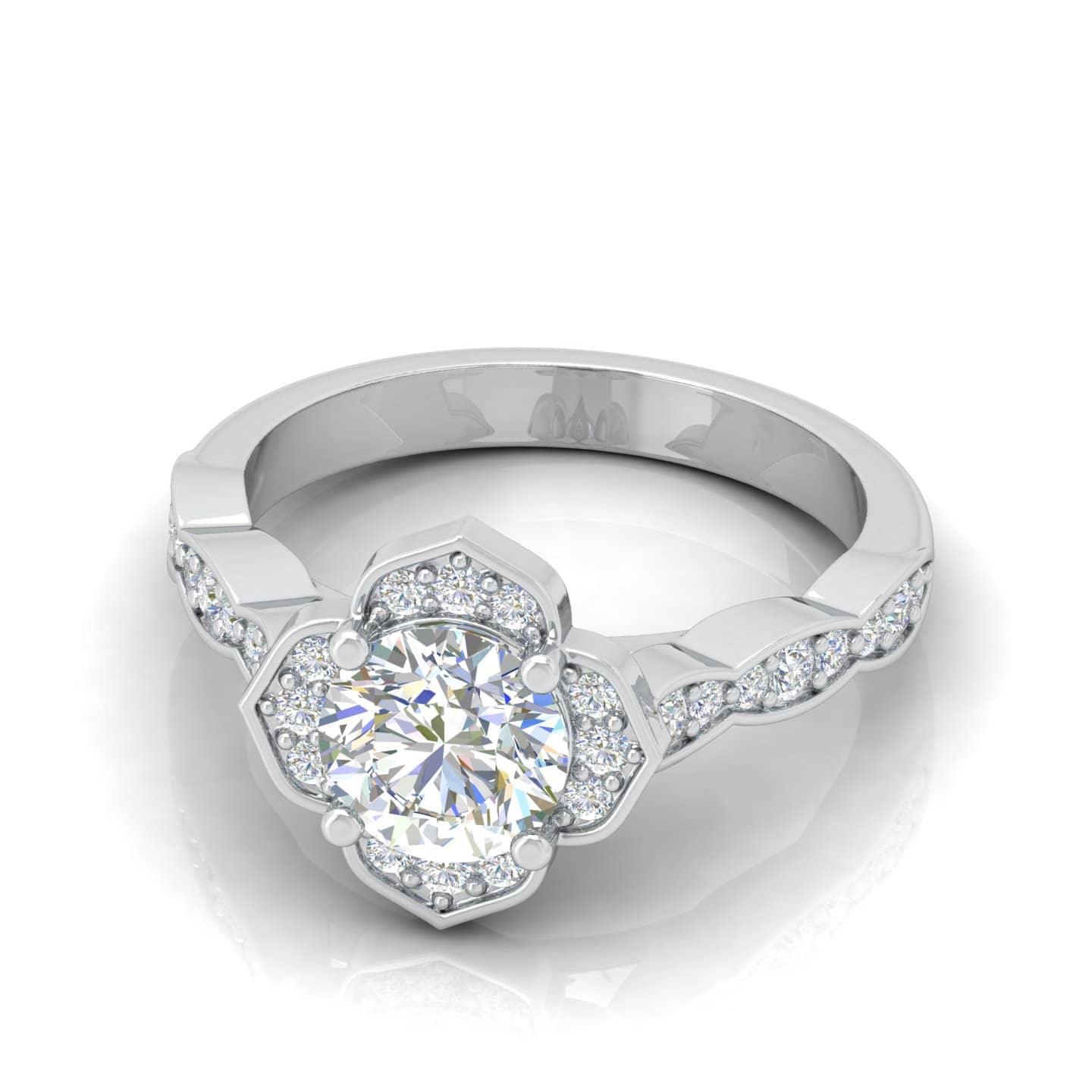 Round With Side Diamond Flower Design Engagement Ring
