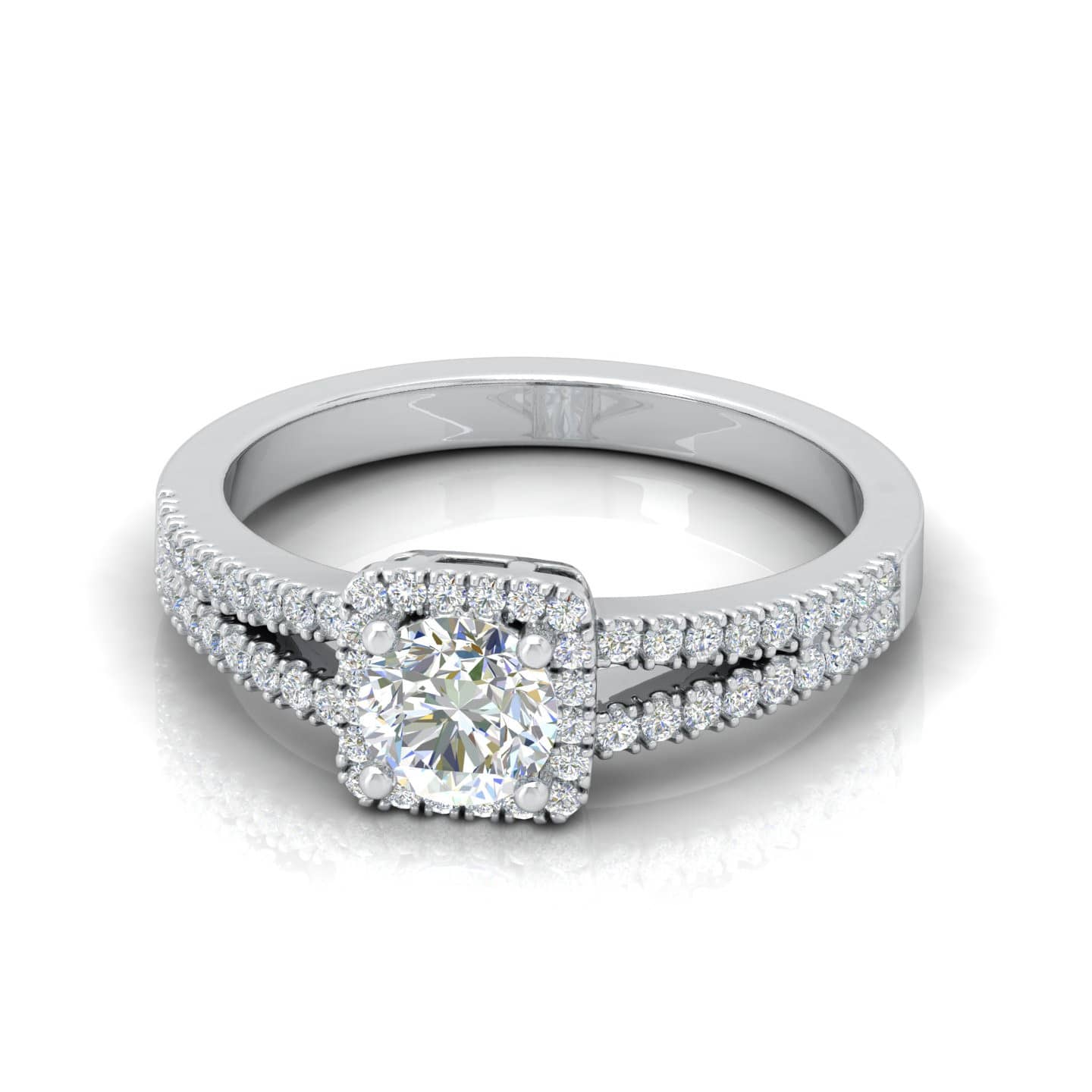 Round With Side Diamond Split Shank Halo Engagement Ring For Women