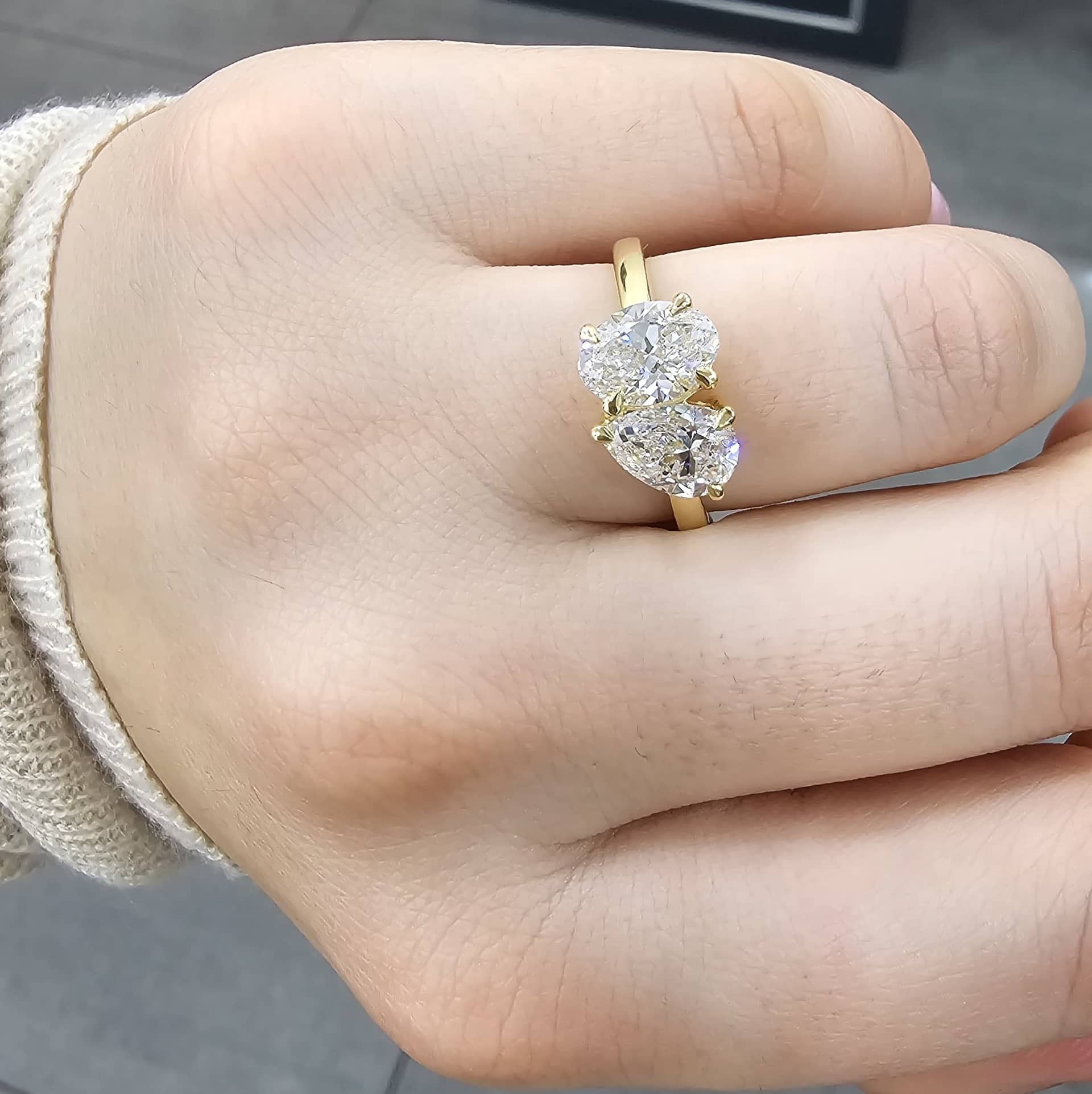 2.15 Carat D-F/VS Pear & Oval Diamond Two Stone Engagement Ring In 18k Yellow Gold