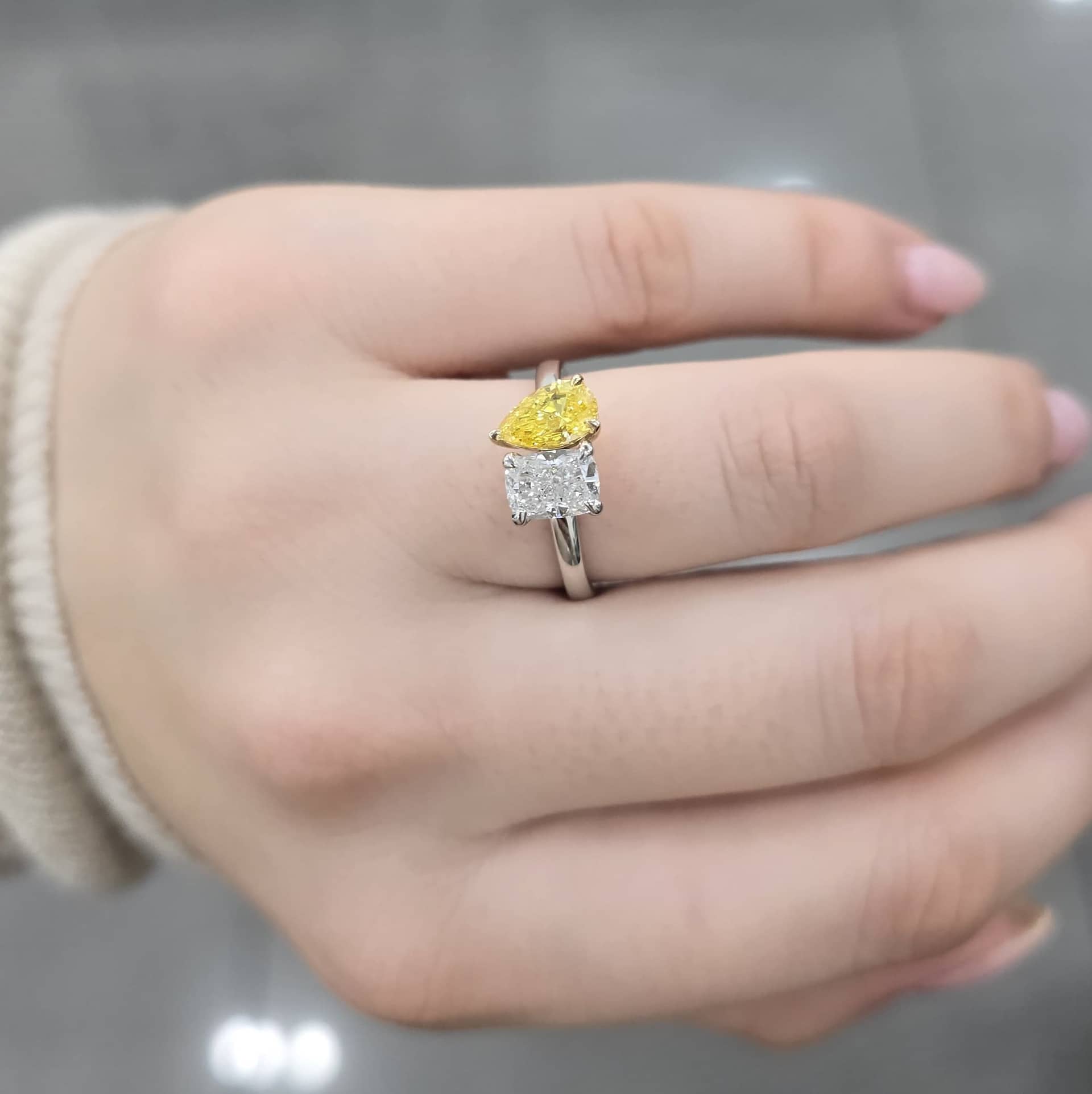 2.00 Carat D-F/VS Lab Grown Cushion & Fancy Vivid Pear Shape Diamond Engagement Ring In Platinum