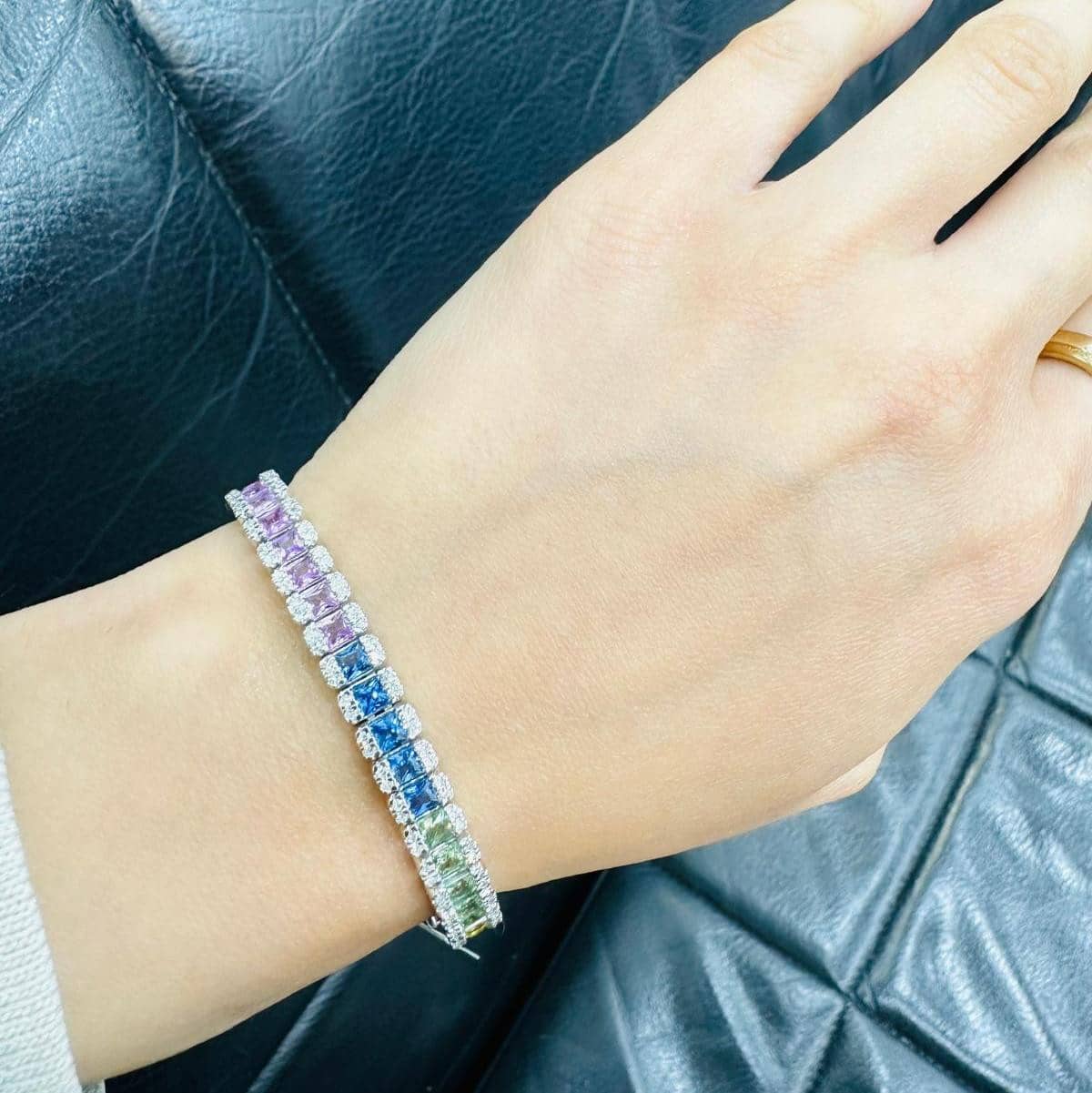10.00 Carat Rainbow Sapphire and Diamond Designer Bracelet In White Gold - 22 Grams
