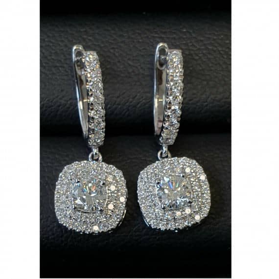 NATURAL ROUND DIAMOND CUSHION SHAPE DOUBLE HALO DANGLE DROP EARRING FOR WOMEN