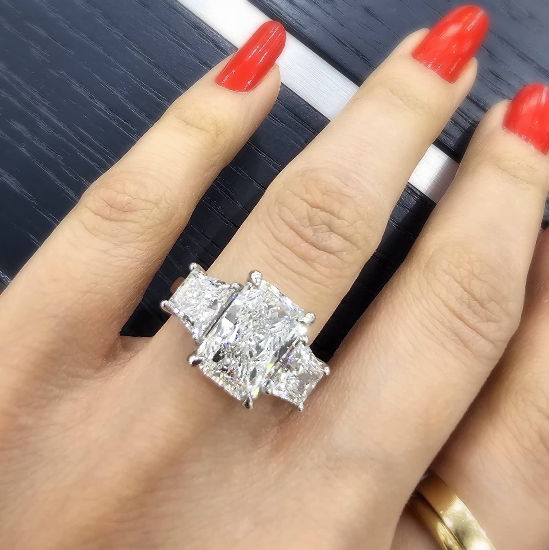Lab Grown 10.12CT Radiant & Side Trapezoid Diamond Trilogy Ring In Platinum