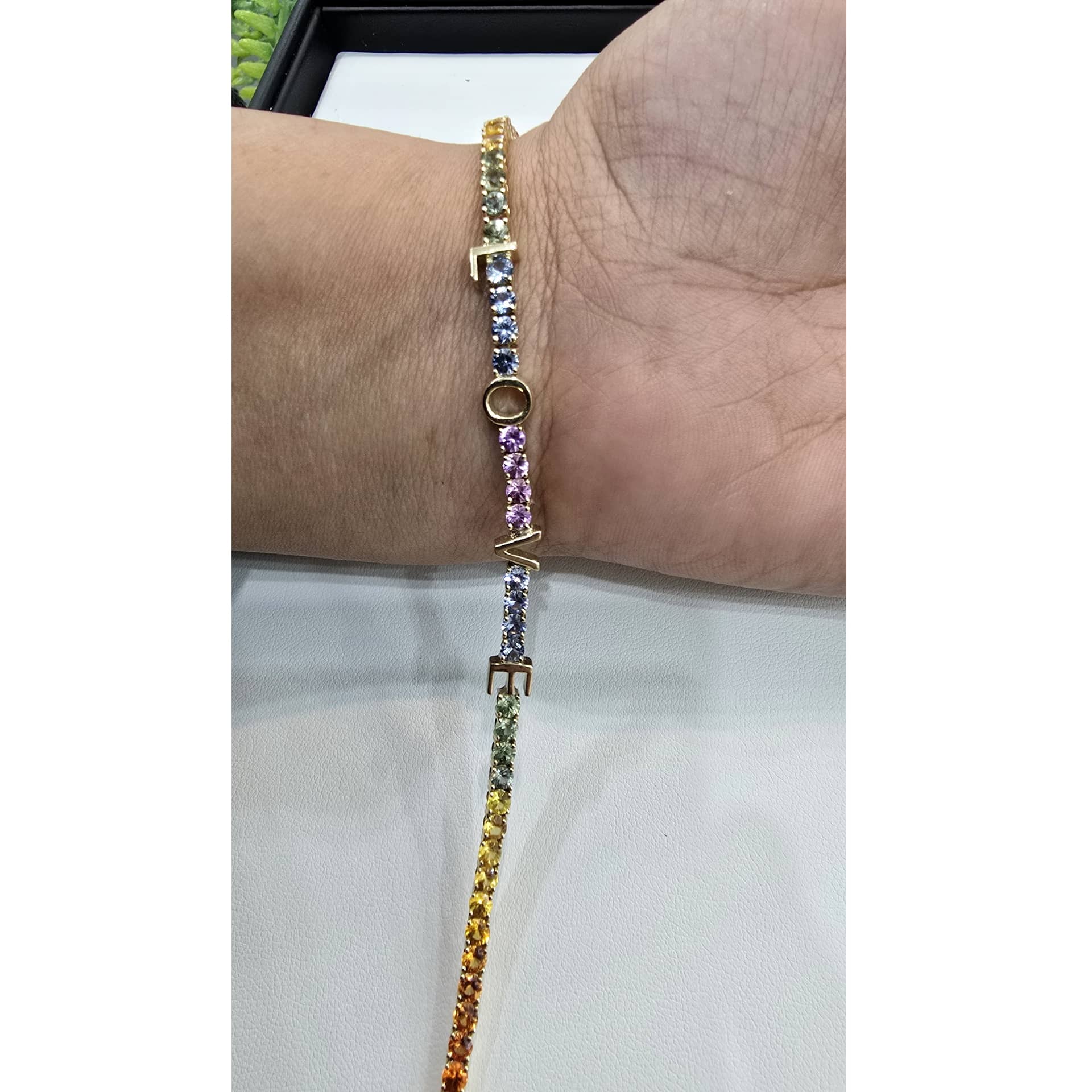 8.00CT ROUND MULTI COLOR SAPPHIRE DIAMOND LOVE LETTER DESIGNER TENNIS BRACELET IN YELLOW GOLD