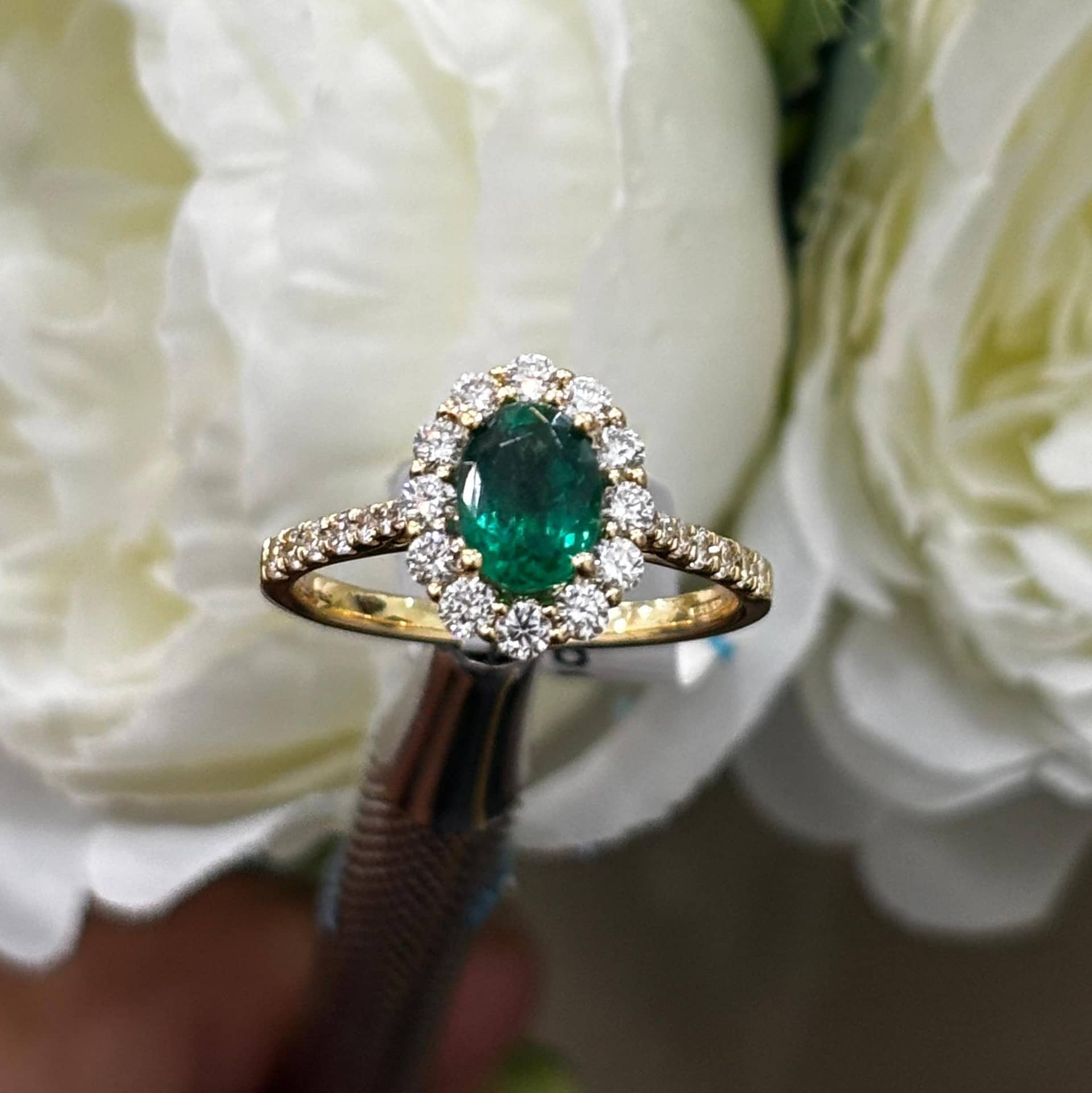 1.66Ct Green Emerald Oval & Natural Diamond Cluster Engagement Ring in 18K Yellow Gold