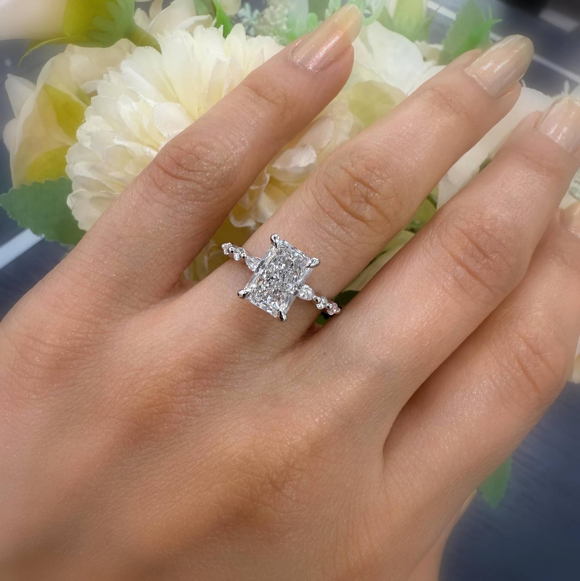 IGI Certified 2.00CT E/VS LAB GROWN Radiant Cut Diamond Engagement Ring with Marquise Side Stones in Platinum