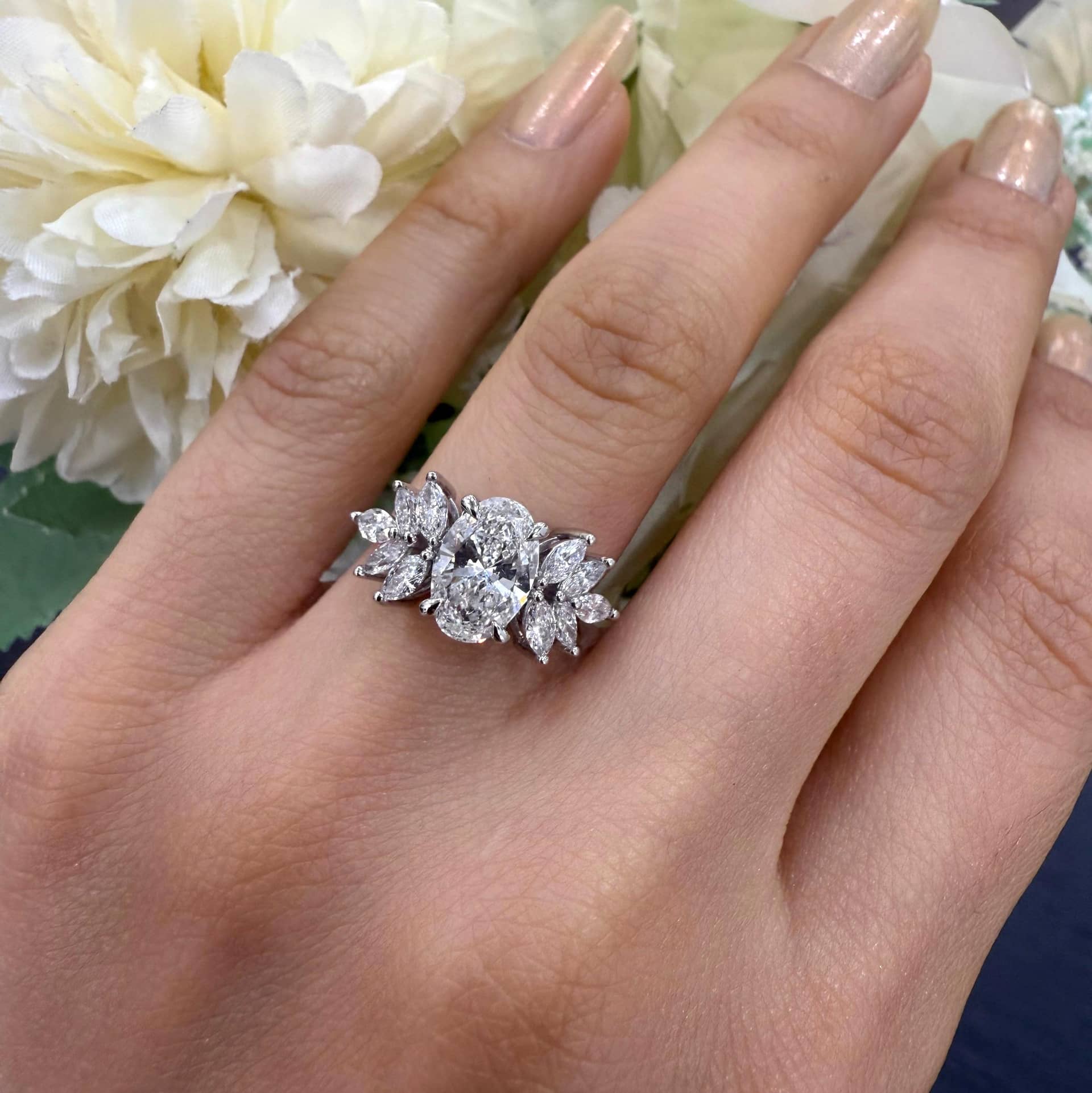IGI Certified 2.20 Carat F/VS Lab Grown Oval With Side Marquise Diamond Designer Engagement Ring In Platinum (950)
