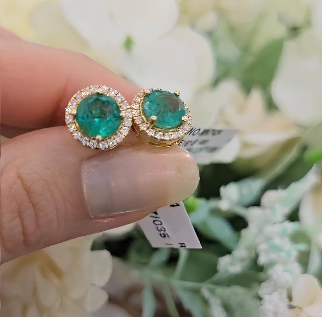 2.20Ct Green Emerald & Round Diamond Halo Push Back Earrings In 18k Yellow Gold