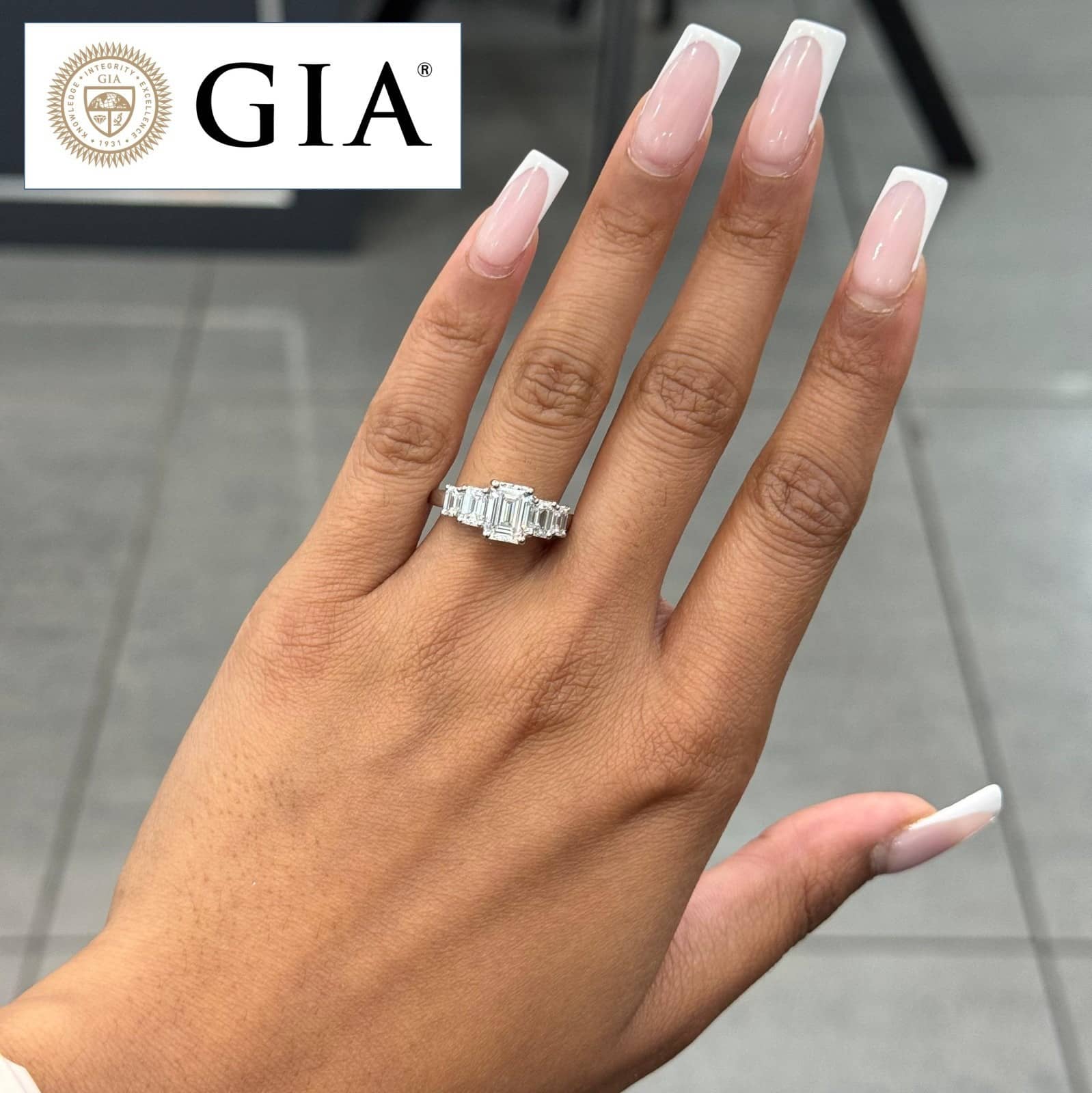 GIA Certified 2.10ct E/VS Natural Emerald Cut Diamond 5 Stone Engagement Ring in Platinum