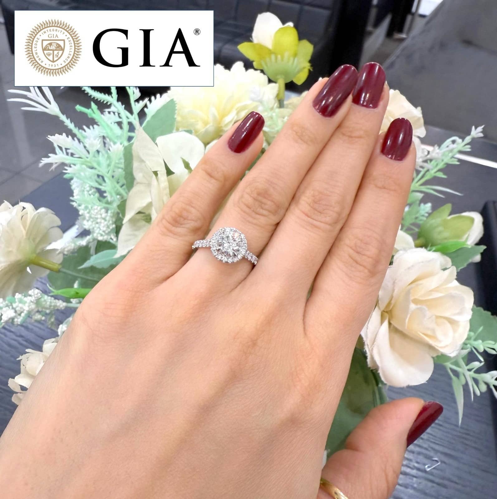 GIA Certified 1.48ct Natural Round Diamond Halo Engagement Ring in Platinum
