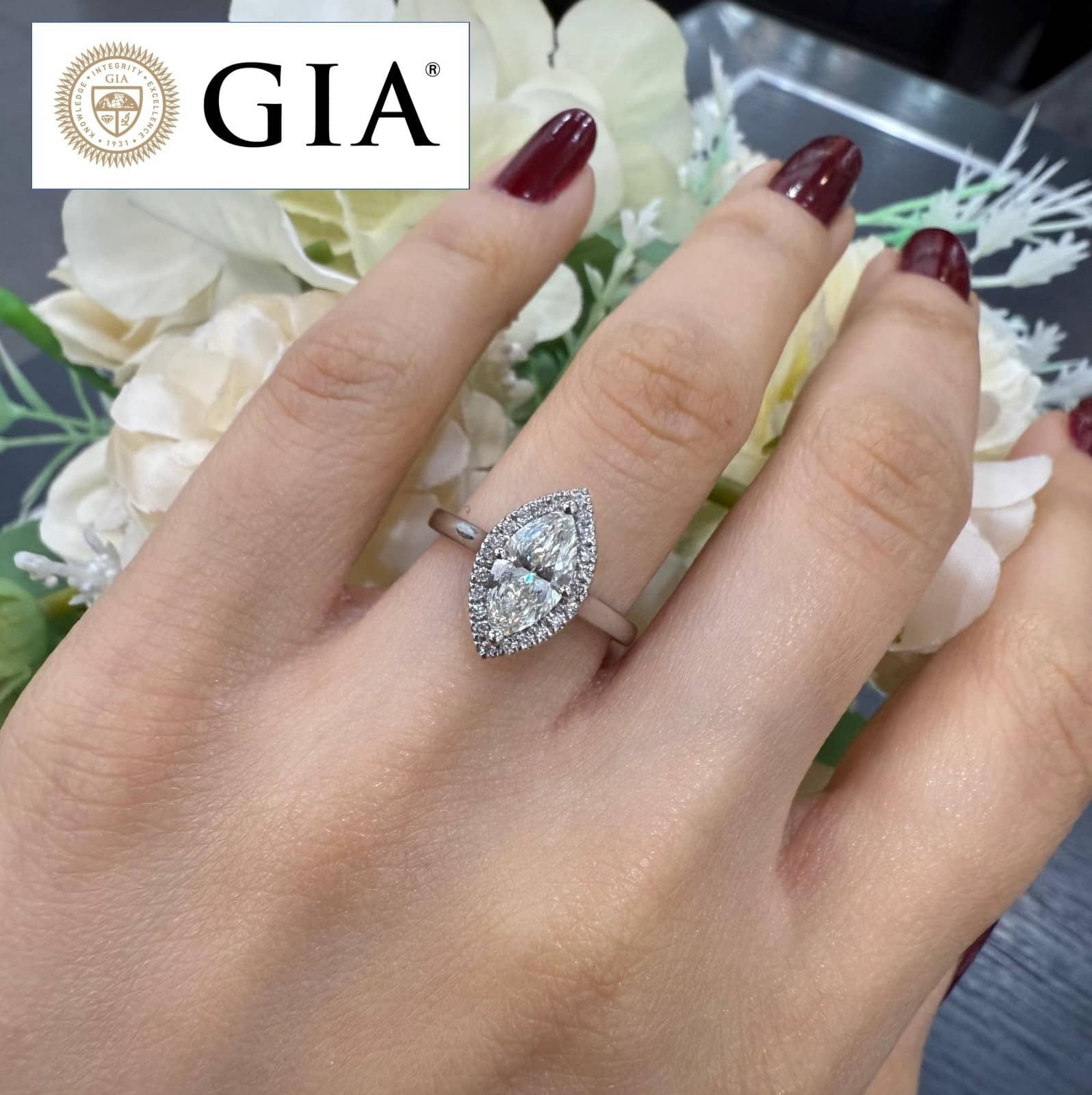GIA Certified 1.14ct Natural Marquise Diamond Halo Engagement Ring Platinum