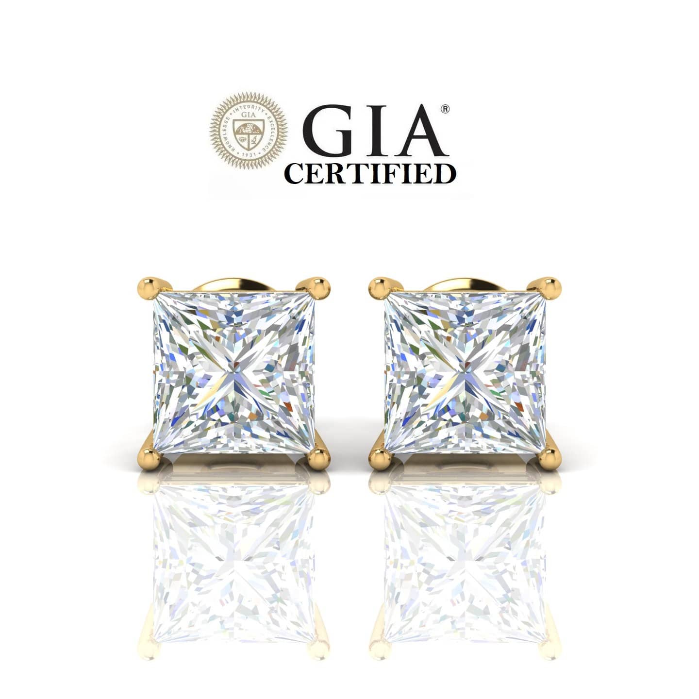 GIA CERTIFIED 1.02CT PRINCESS DIAMOND STUD EARRING IN 18K YELLOW GOLD
