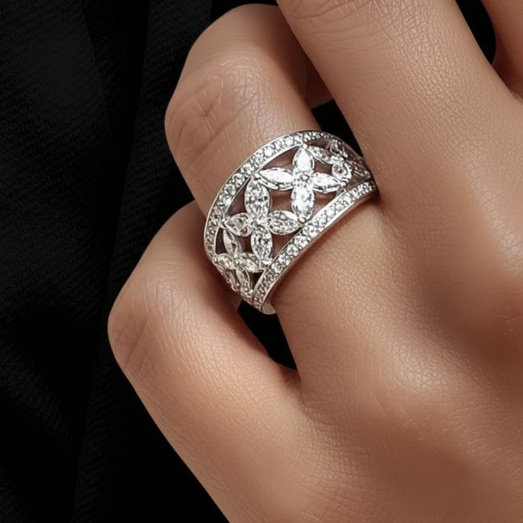 2.00CT F/VS Natural Marquise & Round Diamond Flower Designer Ring in 18K White Gold
