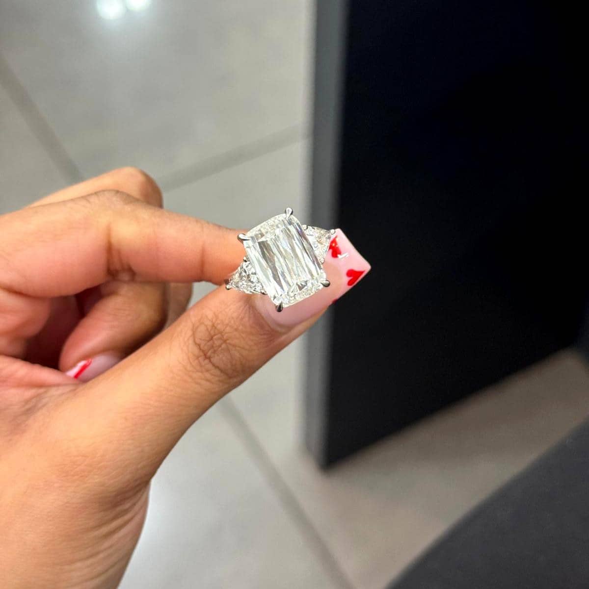 IGI LAB GROWN 10.71CT ASHOKA WITH SIDE TRILLION DIAMOND TRILOGY RING IN PLATINUM