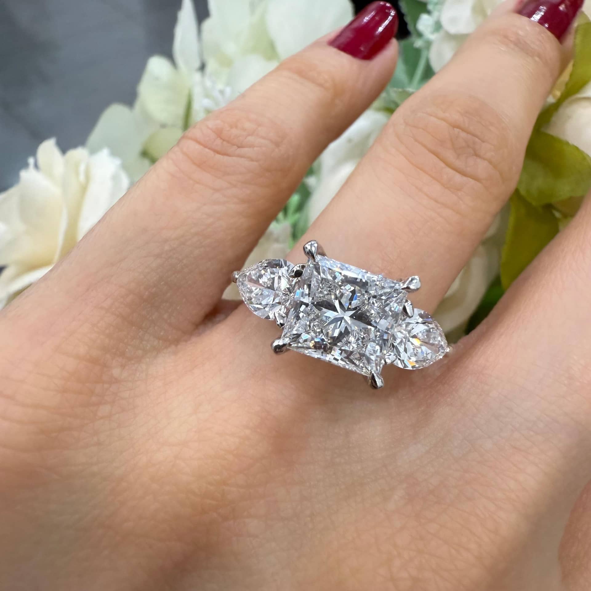 4.60CT LAB GROWN PRINCESS AND PEAR DIAMOND TRILOGY RING IN PLATINUM