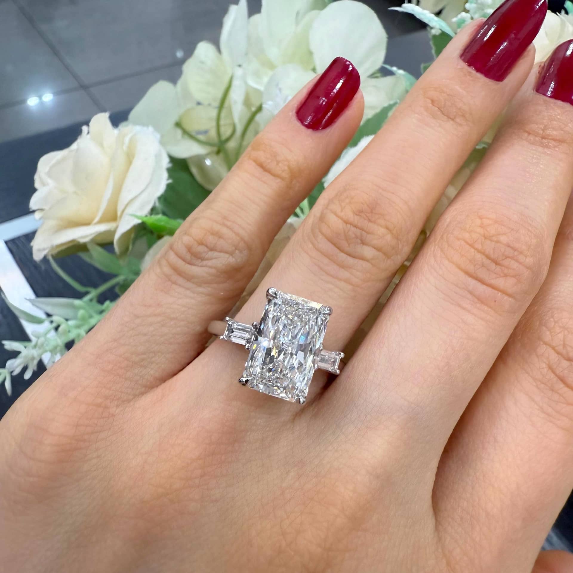 LAB GROWN RADIANT AND BAGUETTE DIAMONDS 3 STONE RING IN PLATINUM