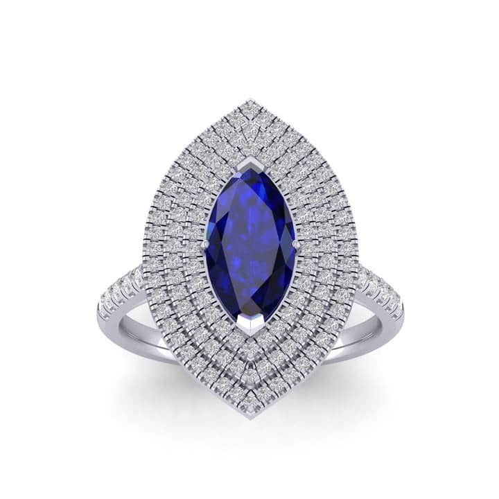 1.80CT TANZANITE & 1.20 CT DIAMOND TRIPLE HALO ENGAGEMENT RING IN HEAVY 18K WHITE GOLD