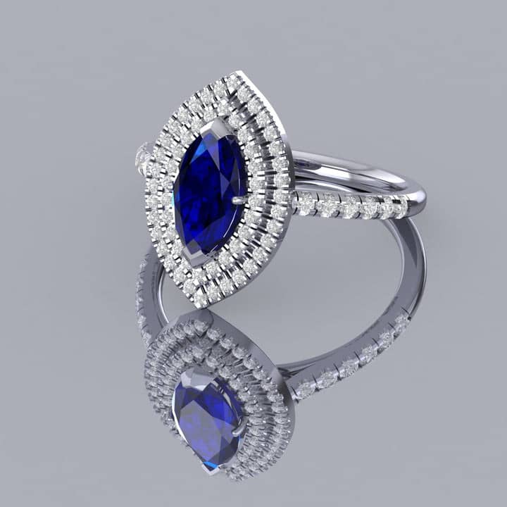 2.00CT NATURAL MARQUISE TANZANITE & DIAMOND DOUBLE HALO ENGAGEMENT RING IN HEAVY PLATINUM / 18K WHITE GOLD