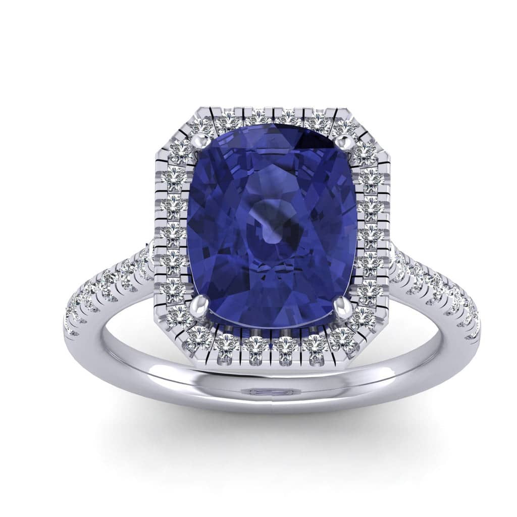 3.30 CT TANZANITE LONG CUSHION & D/VS 0.52 CT DIAMOND HALO RING IN PLATINUM