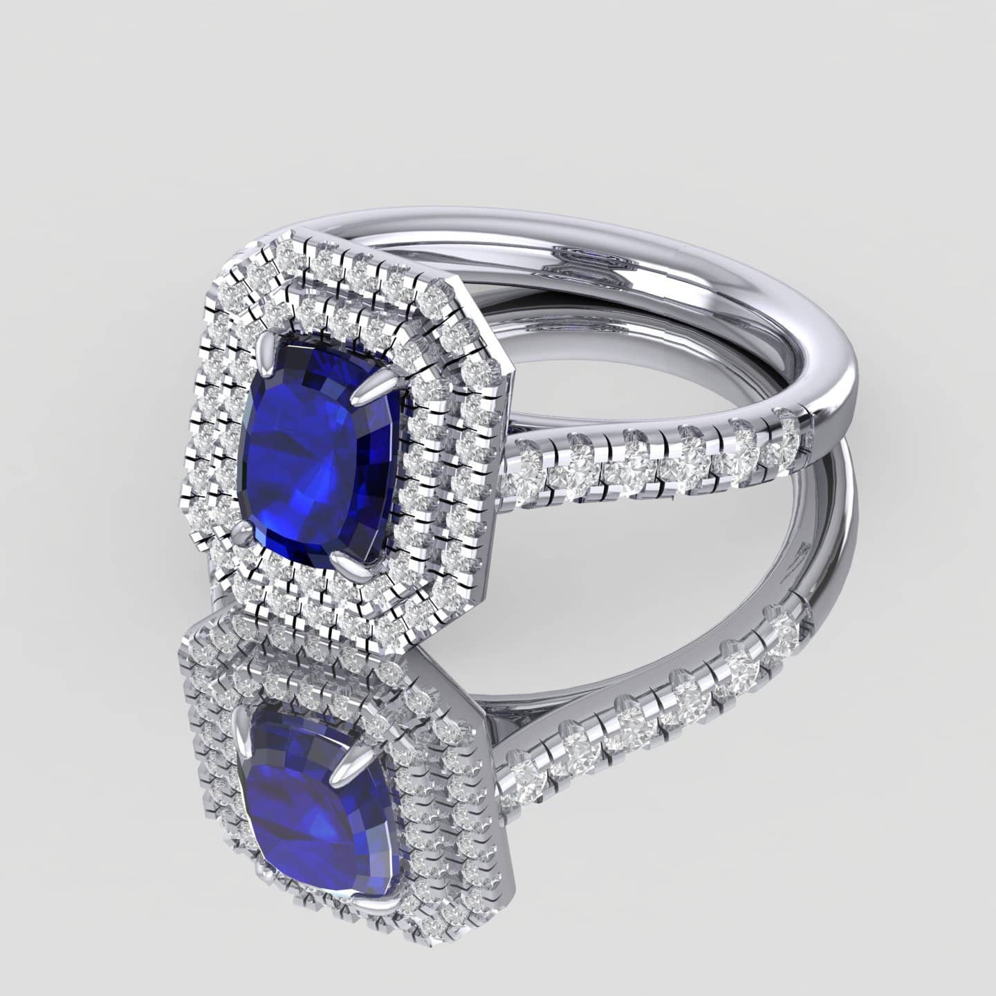 4.40CT TANZANITE LONG CUSHION & DIAMOND DOUBLE HALO WOMEN'S ENGAGEMENT RING IN 18K WHITE GOLD