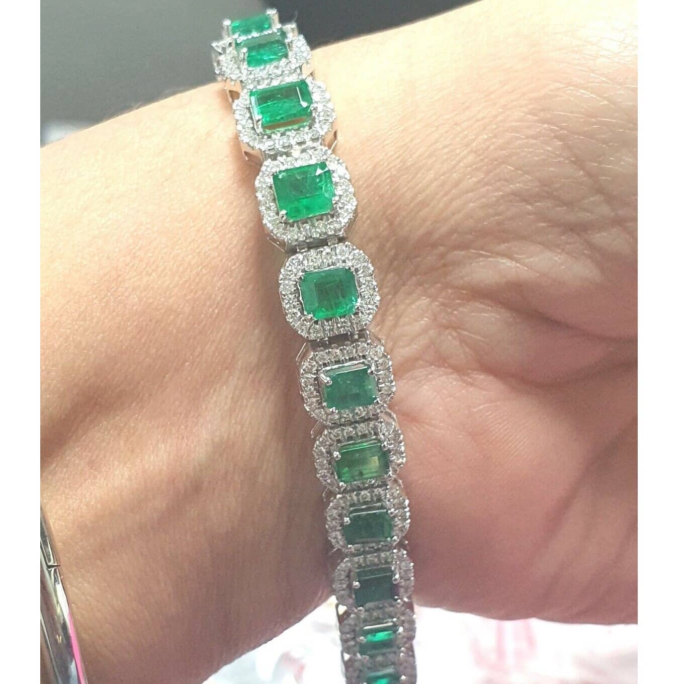 Natural Green Emerald & Diamond Halo Bracelet 12.50 Ct Made In 18k White Gold