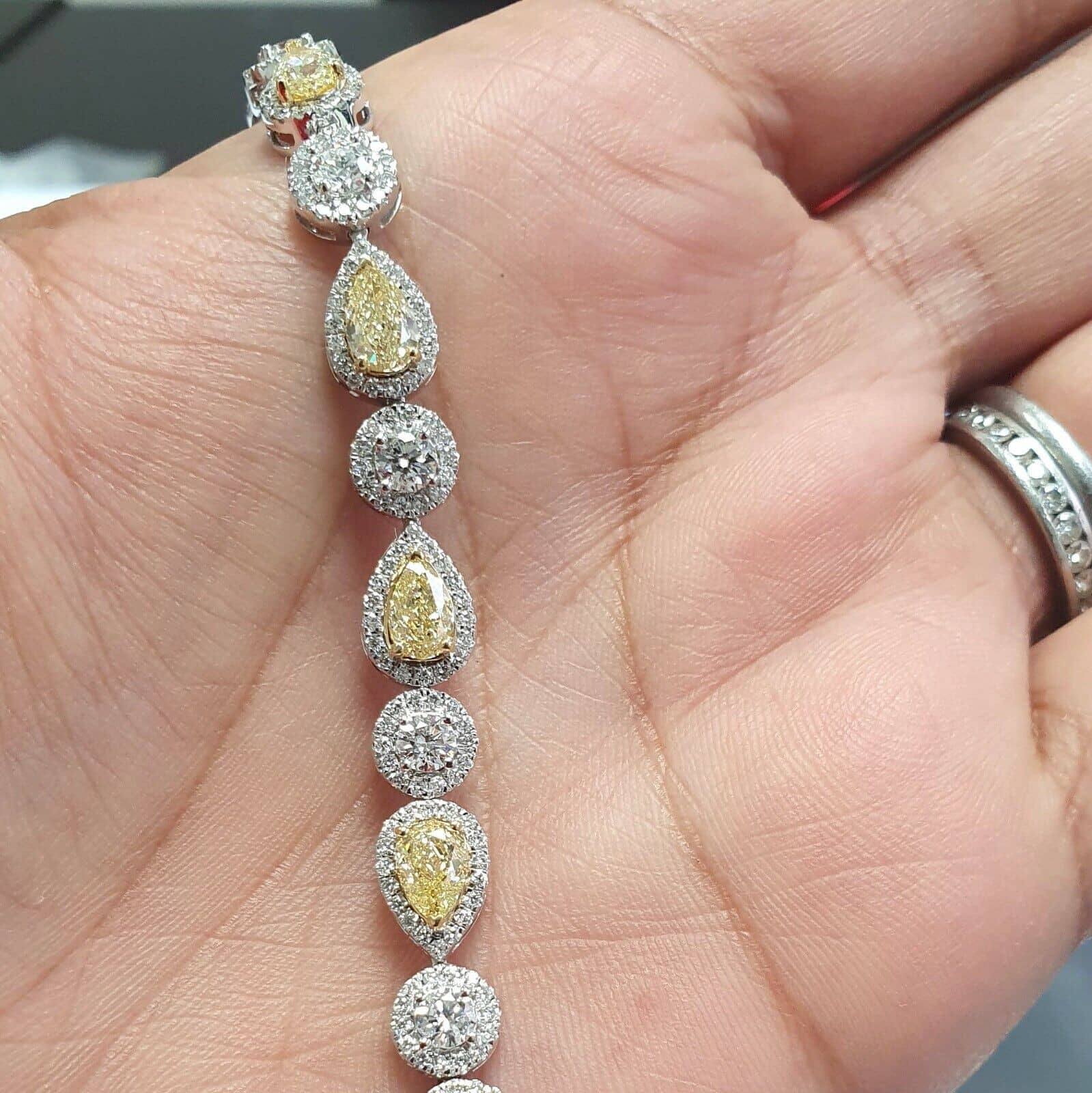 Natural Fancy Yellow Pear & Round Diamond Halo Tennis Bracelet In 18k White Gold