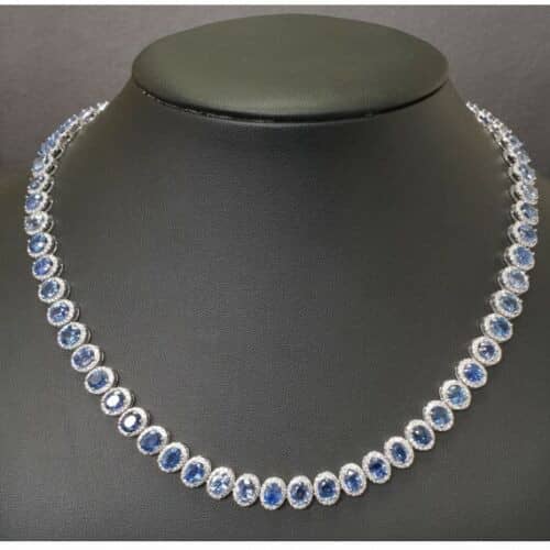 100% Natural 46.06 CT Sapphire & Diamond Halo Necklace, Hallmark 18k White Gold