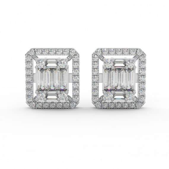 TOP QUALITY F/VS 1CT NATURAL ROUND & BAGUETTE DIAMOND DESIGNER STUD EARRINGS