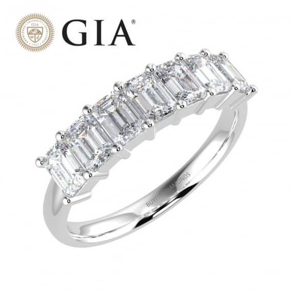 GIA CERTIFIED EXCEPTIONAL WHITE 4.21CT 7 EMERALD DIAMOND ANNIVERSARY RING, HALLMARKED PLATINUM