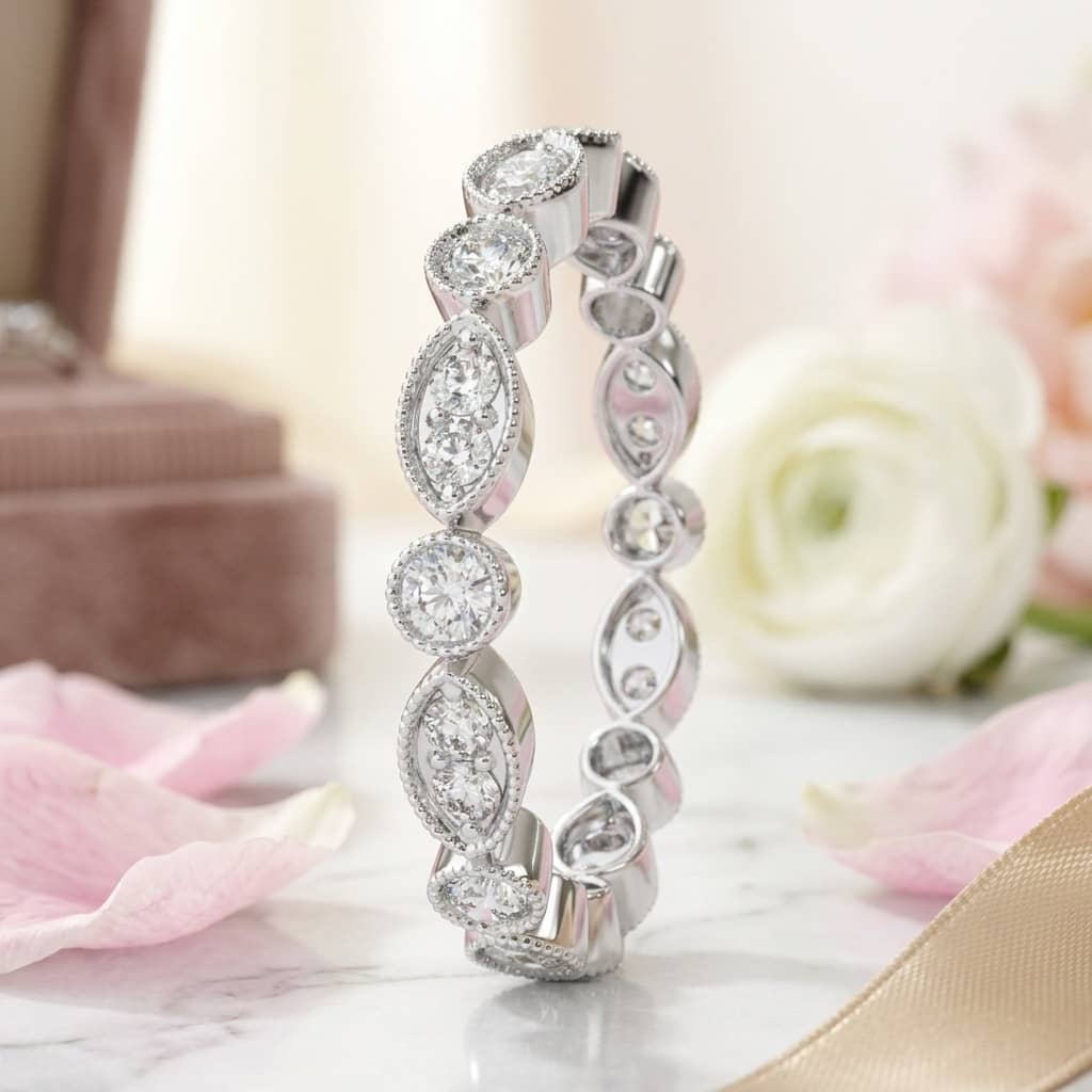0.50CT F/VS ROUND AND MARQUISE SHAPE DIAMOND STACKABLE FULL ETERNITY RING IN PLATINUM/18K GOLD