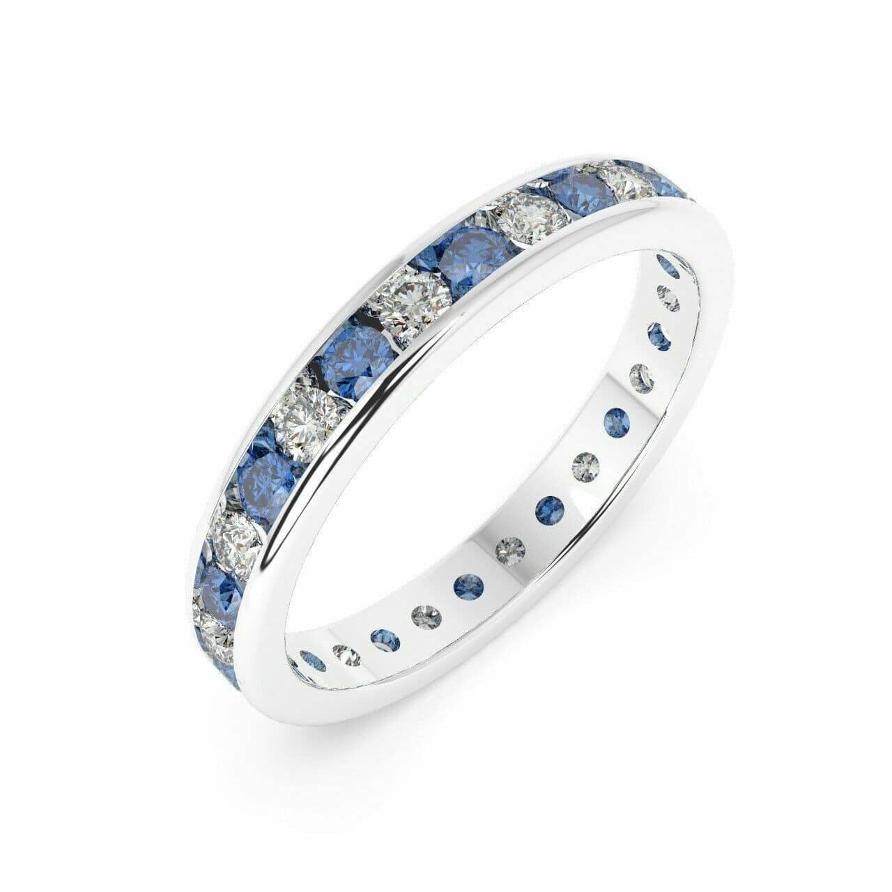 Natural Blue Sapphire & Diamonds Eternity Ring In White Gold - 1.00 Carat