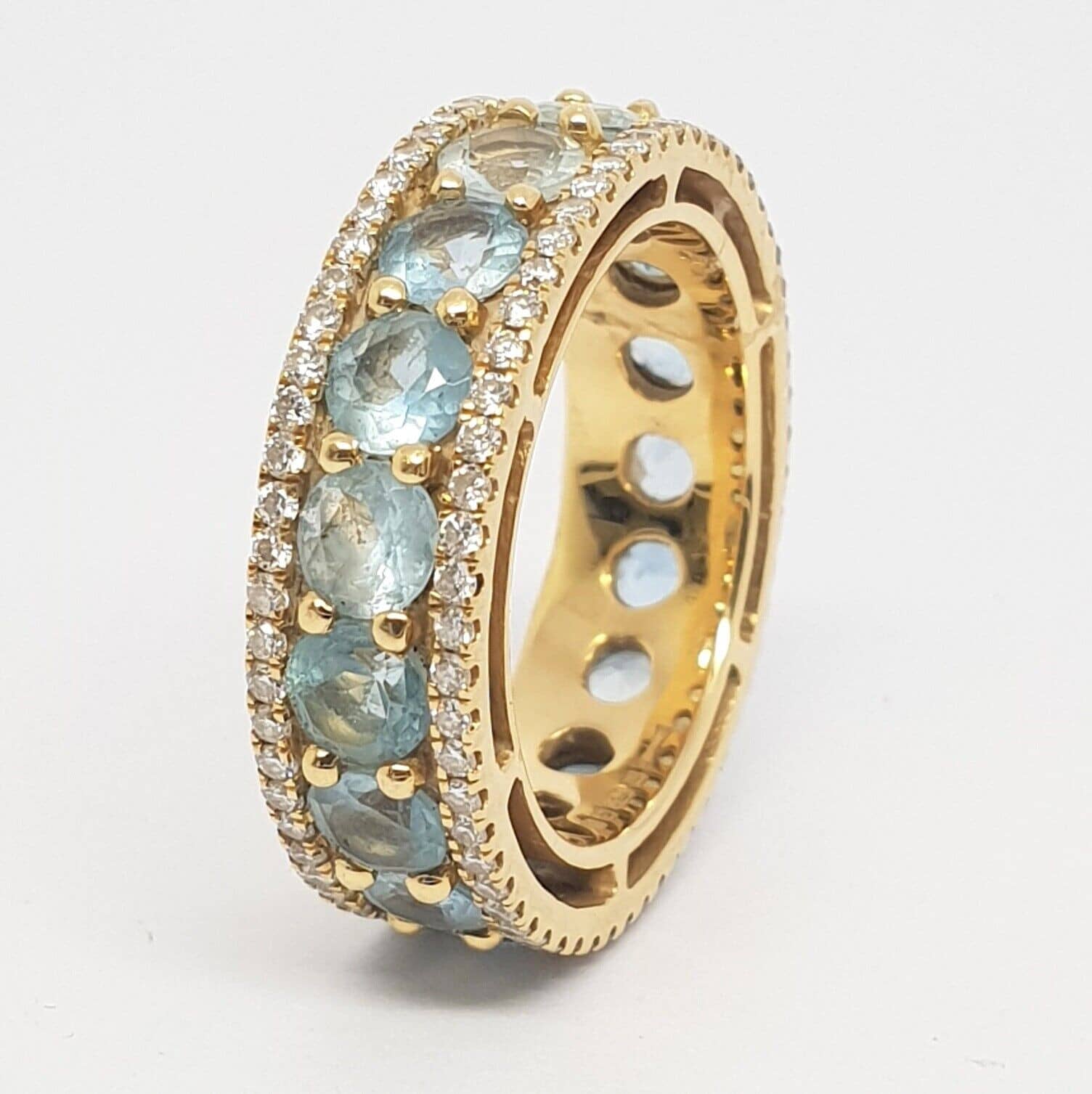 March Birthstone - 7.5mm 4ct Aquamarine & Diamond Eternity Ring,18k Yellow Gold