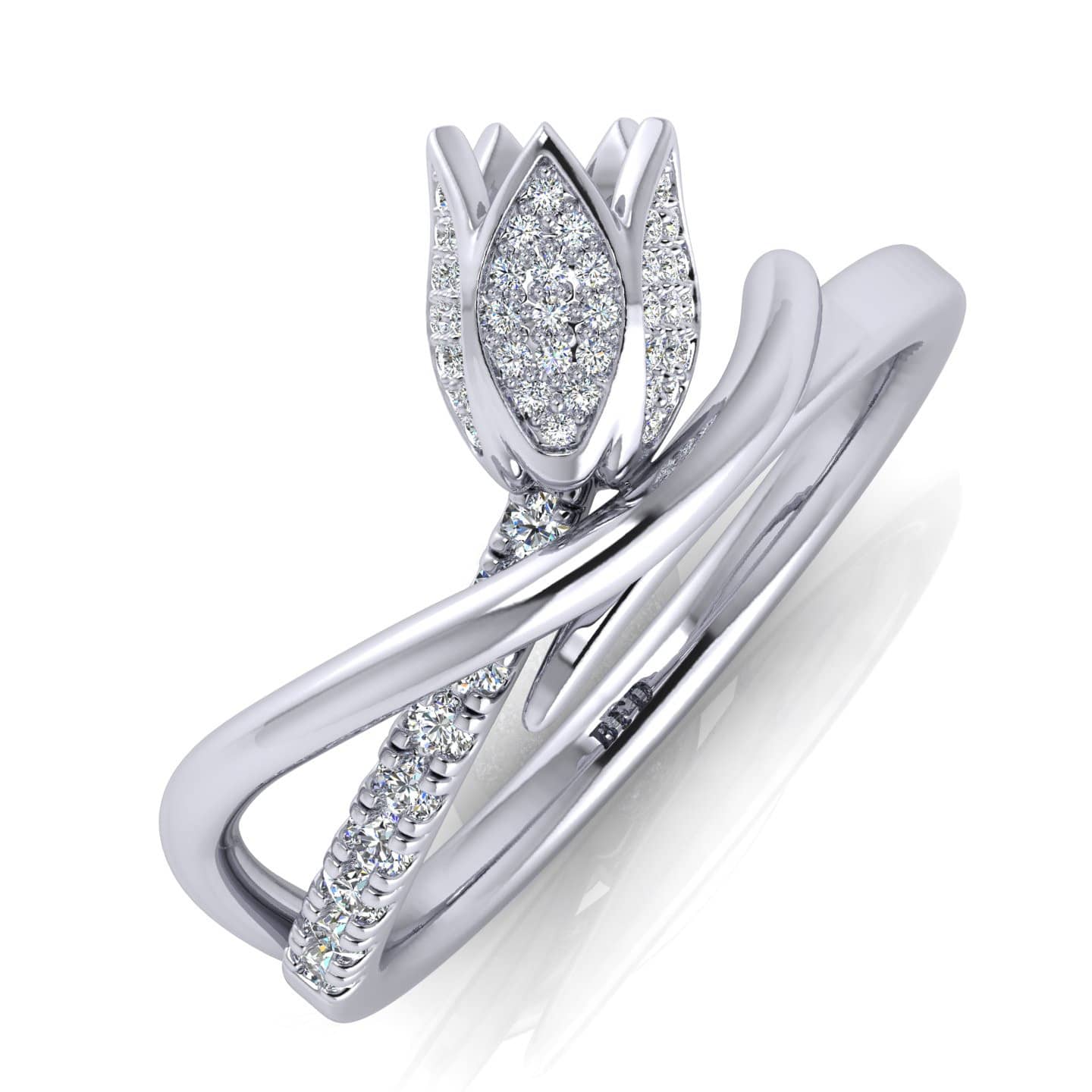 RRP £ 1300 F/VS 0.50 CT NATURAL ROUND DIAMOND ROSE FLOWER DESIGNER ENGAGEMENT RING, 18K WHITE GOLD