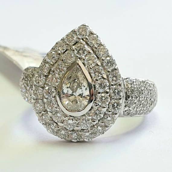 LAST PIECE ...! 2.50 CT PEAR DIAMOND DOUBLE HALO RING, HALLMARKED 18K WHITE GOLD