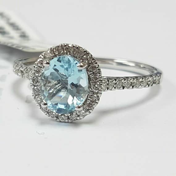 CLEARANCE..! 1.50 CT OVAL AQUAMARINE & ROUND DIAMOND HALO ENGAGEMENT RING 9K WHITE GOLD