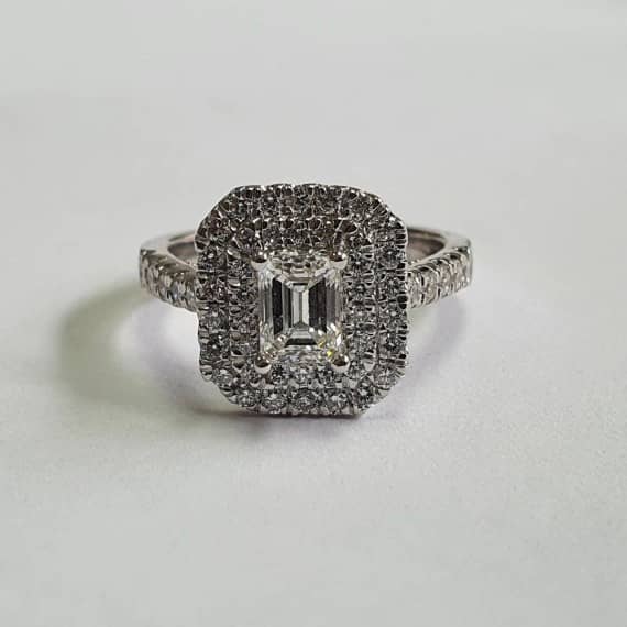 1.00 CARAT EMERALD DOUBLE HALO DIAMOND ENGAGEMENT RING, GOLD AND PLATINUM
