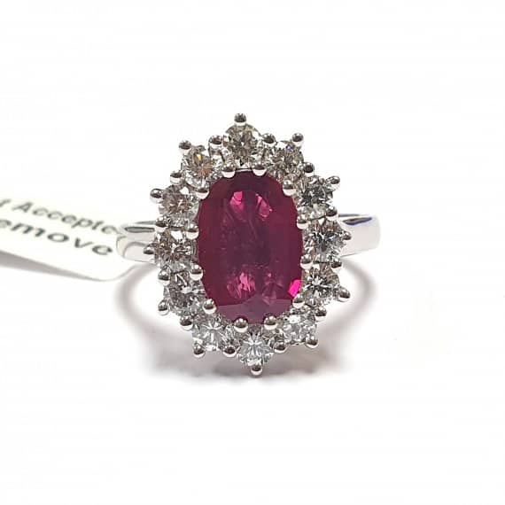 CLASSIC LOOK...! 3.00 CT OVAL RUBY AND DIAMONDS HALO ENGAGEMENT RING IN PLATINUM